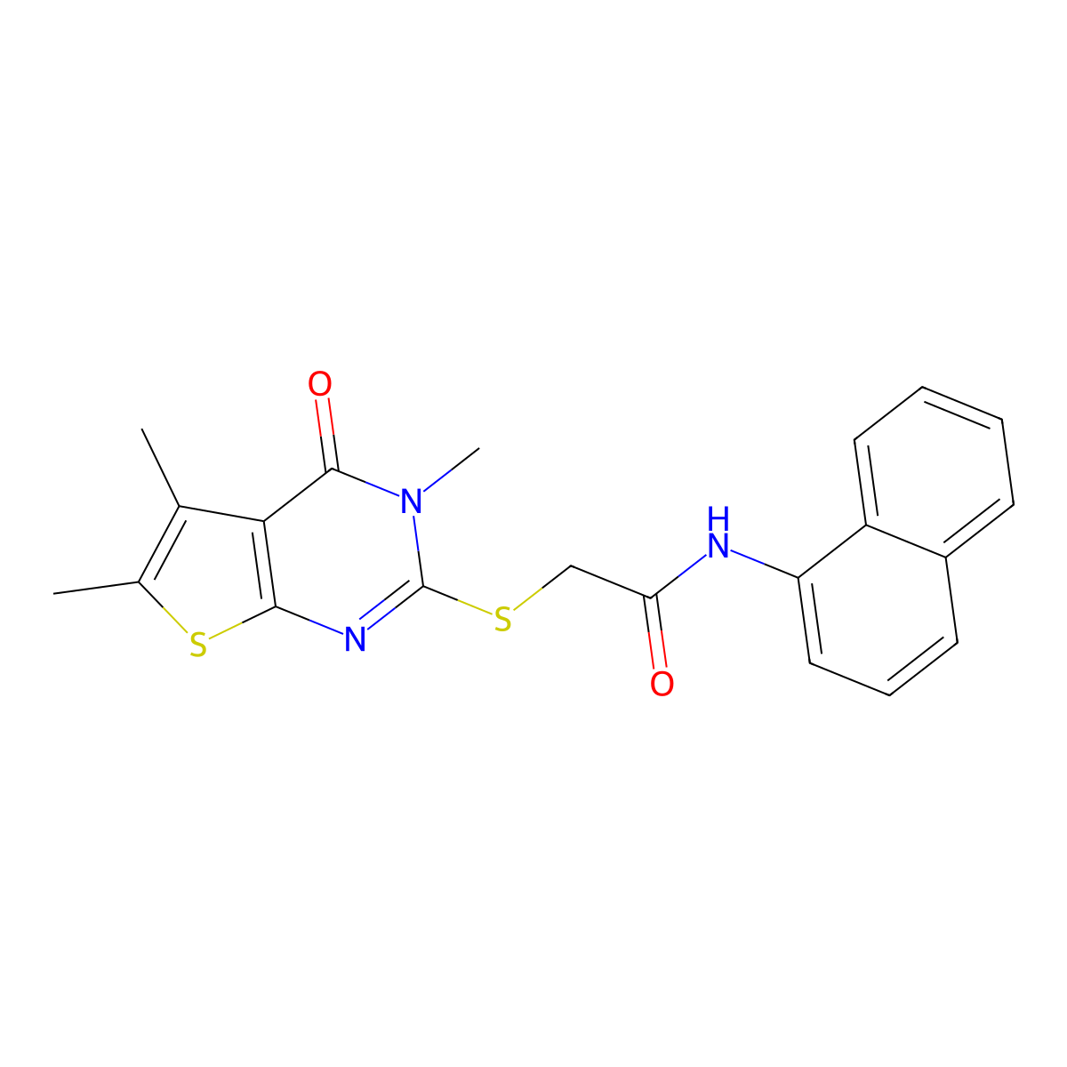 N-(naphthalen-1-yl)-2-[(3,5,6-trimethyl-4-oxo-3,4-dihydrothieno[2,3-d]pyrimidin-2-yl)sulfanyl]acetamide molecular structure, CAS 575467-99-1