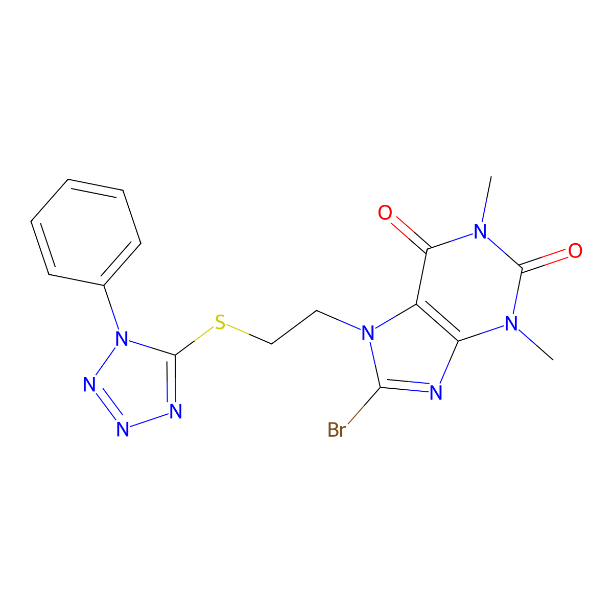 8-bromo-1,3-dimethyl-7-(2-((1-phenyl-1H-tetrazol-5-yl)thio)ethyl)-1H-purine-2,6(3H,7H)-dione molecular structure, CAS 575468-07-4