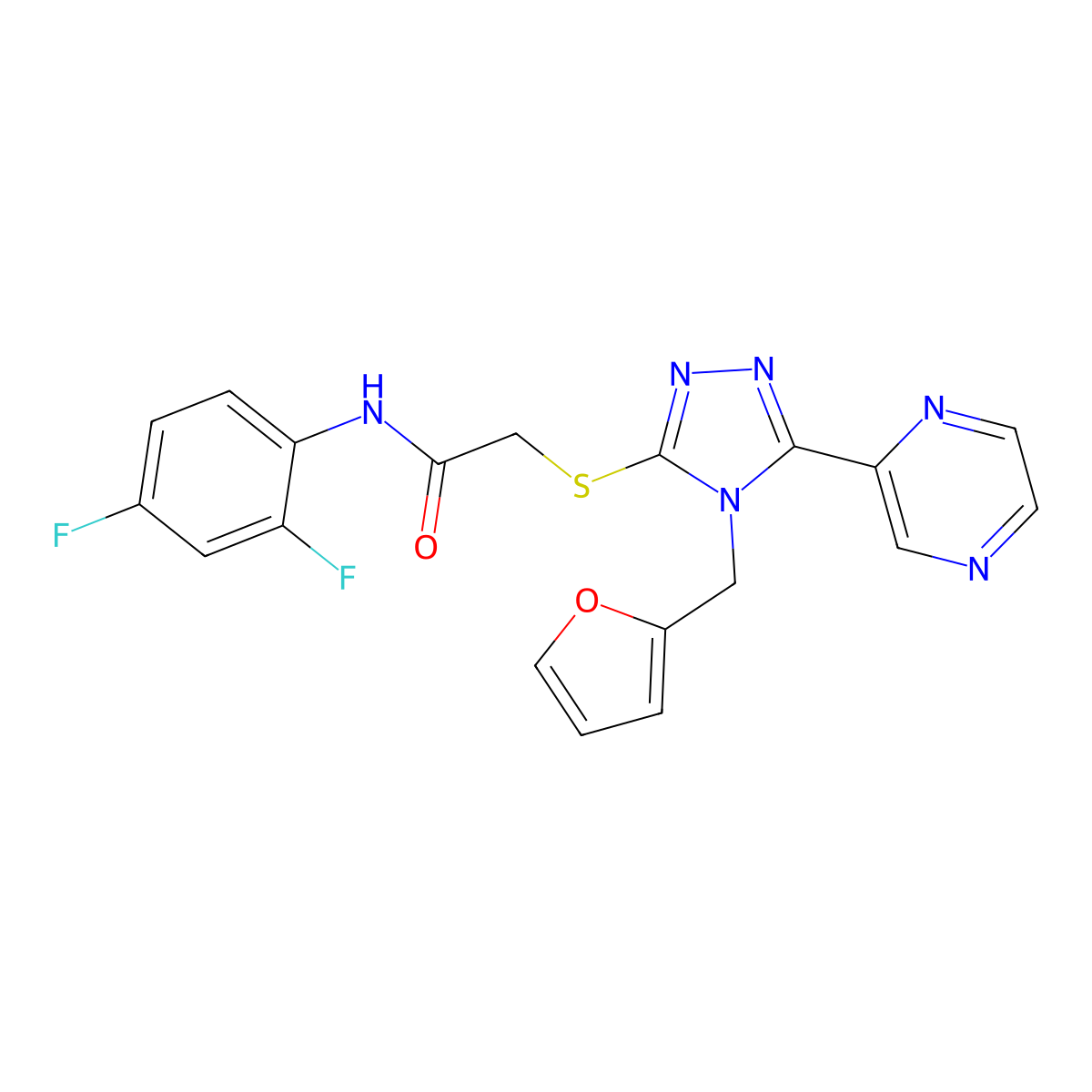 N-(2,4-difluorophenyl)-2-{[4-(furan-2-ylmethyl)-5-(pyrazin-2-yl)-4H-1,2,4-triazol-3-yl]sulfanyl}acetamide molecular structure, CAS 575468-31-4