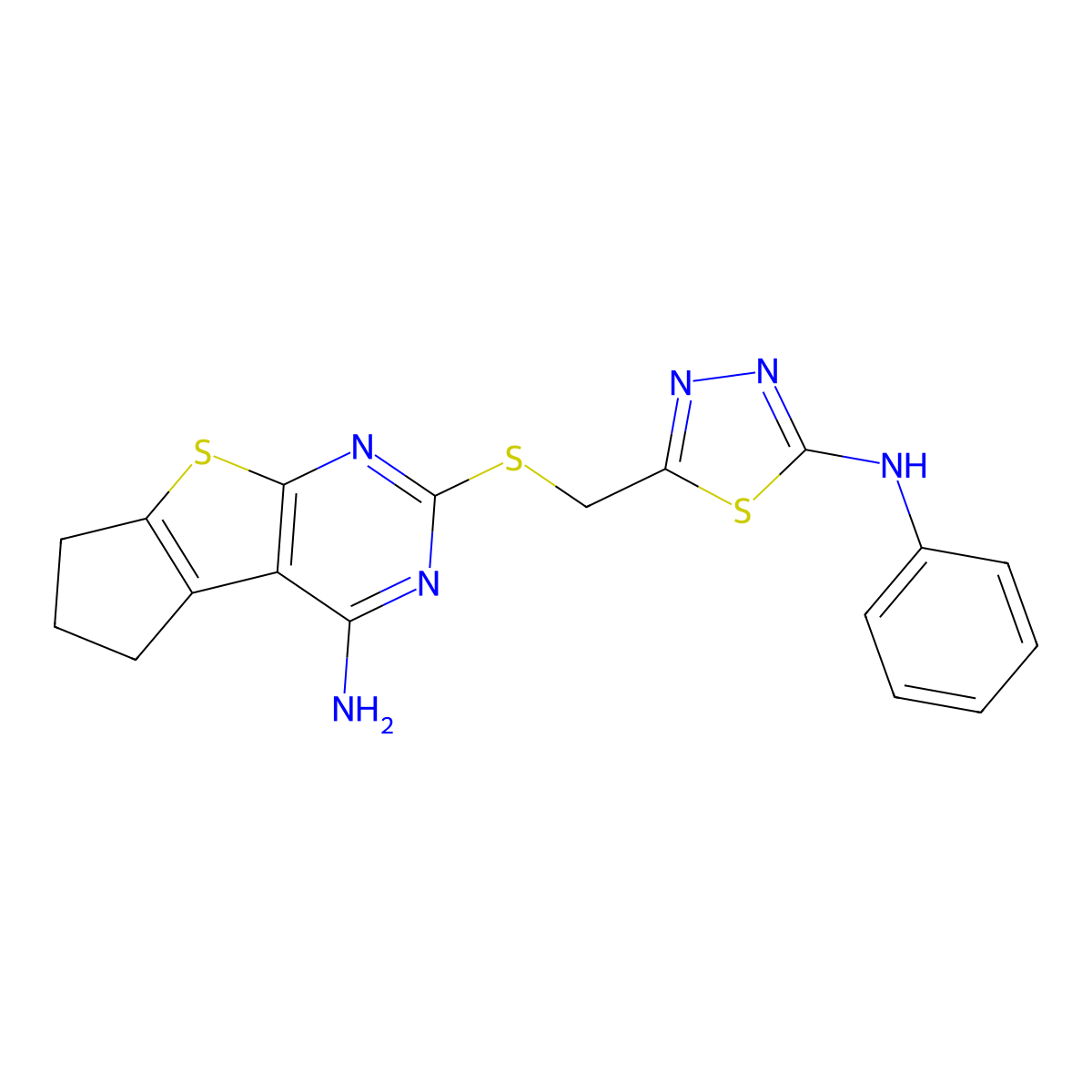 2-(((5-(phenylamino)-1,3,4-thiadiazol-2-yl)methyl)thio)-6,7-dihydro-5H-cyclopenta[4,5]thieno[2,3-d]pyrimidin-4-amine molecular structure, CAS 575468-55-2