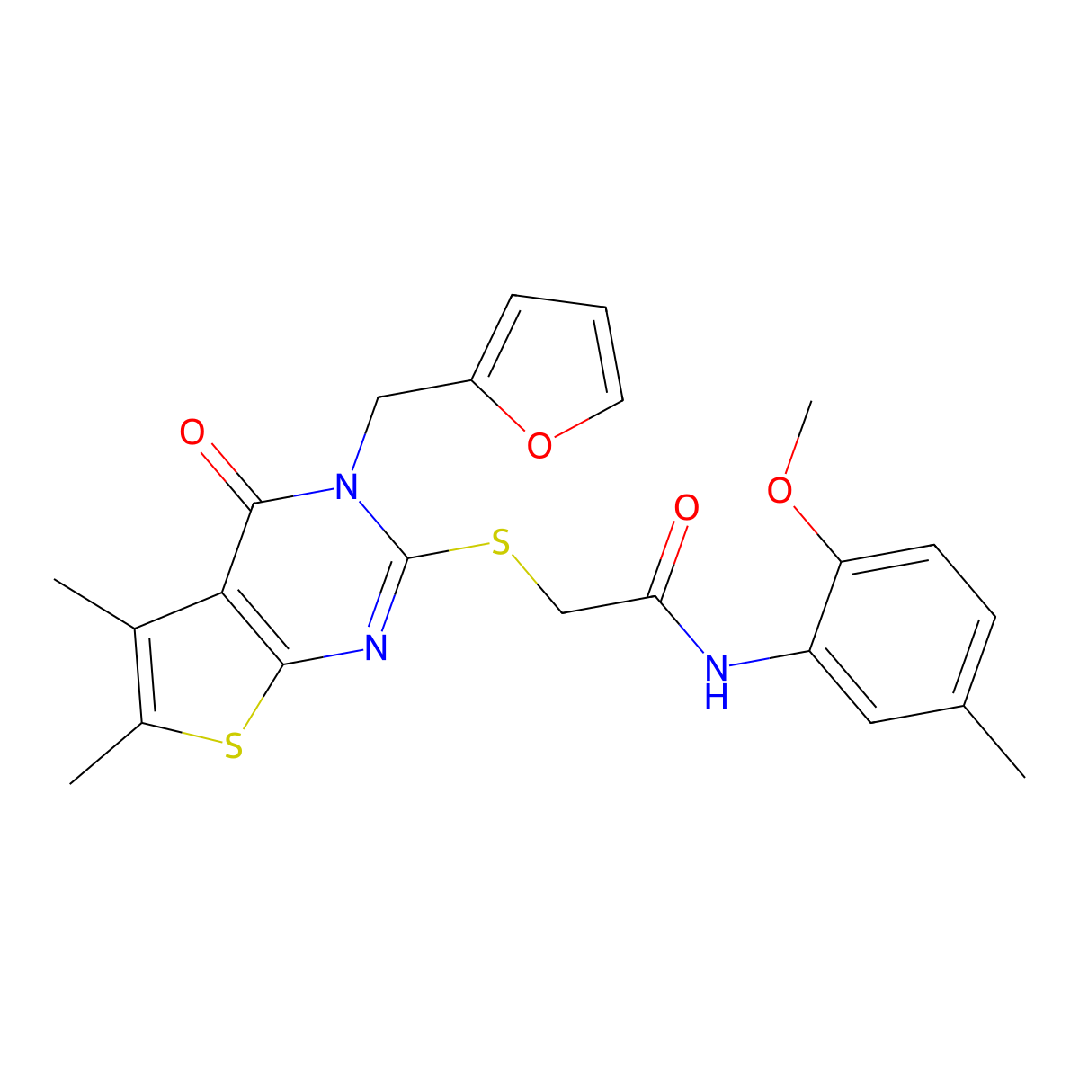 2-{[3-(furan-2-ylmethyl)-5,6-dimethyl-4-oxo-3,4-dihydrothieno[2,3-d]pyrimidin-2-yl]sulfanyl}-N-(2-methoxy-5-methylphenyl)acetamide molecular structure, CAS 575468-93-8