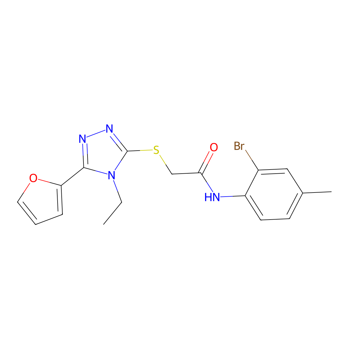 N-(2-Bromo-4-methylphenyl)-2-{[4-ethyl-5-(2-furyl)-4H-1,2,4-triazol-3-YL]sulfanyl}acetamide molecular structure, CAS 575469-28-2
