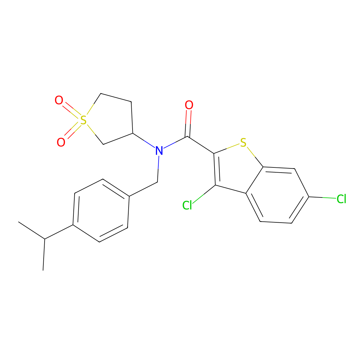 3,6-dichloro-N-(1,1-dioxidotetrahydrothiophen-3-yl)-N-[4-(propan-2-yl)benzyl]-1-benzothiophene-2-carboxamide molecular structure, CAS 575469-38-4