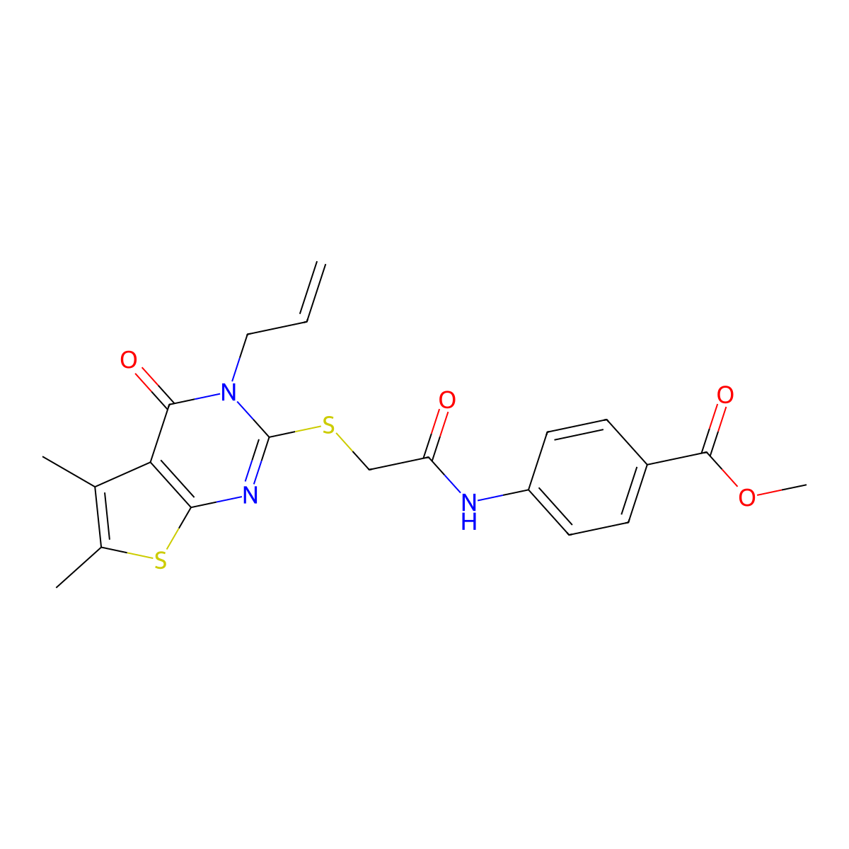 Methyl 4-[({[5,6-dimethyl-4-oxo-3-(prop-2-en-1-yl)-3,4-dihydrothieno[2,3-d]pyrimidin-2-yl]sulfanyl}acetyl)amino]benzoate molecular structure, CAS 575469-41-9