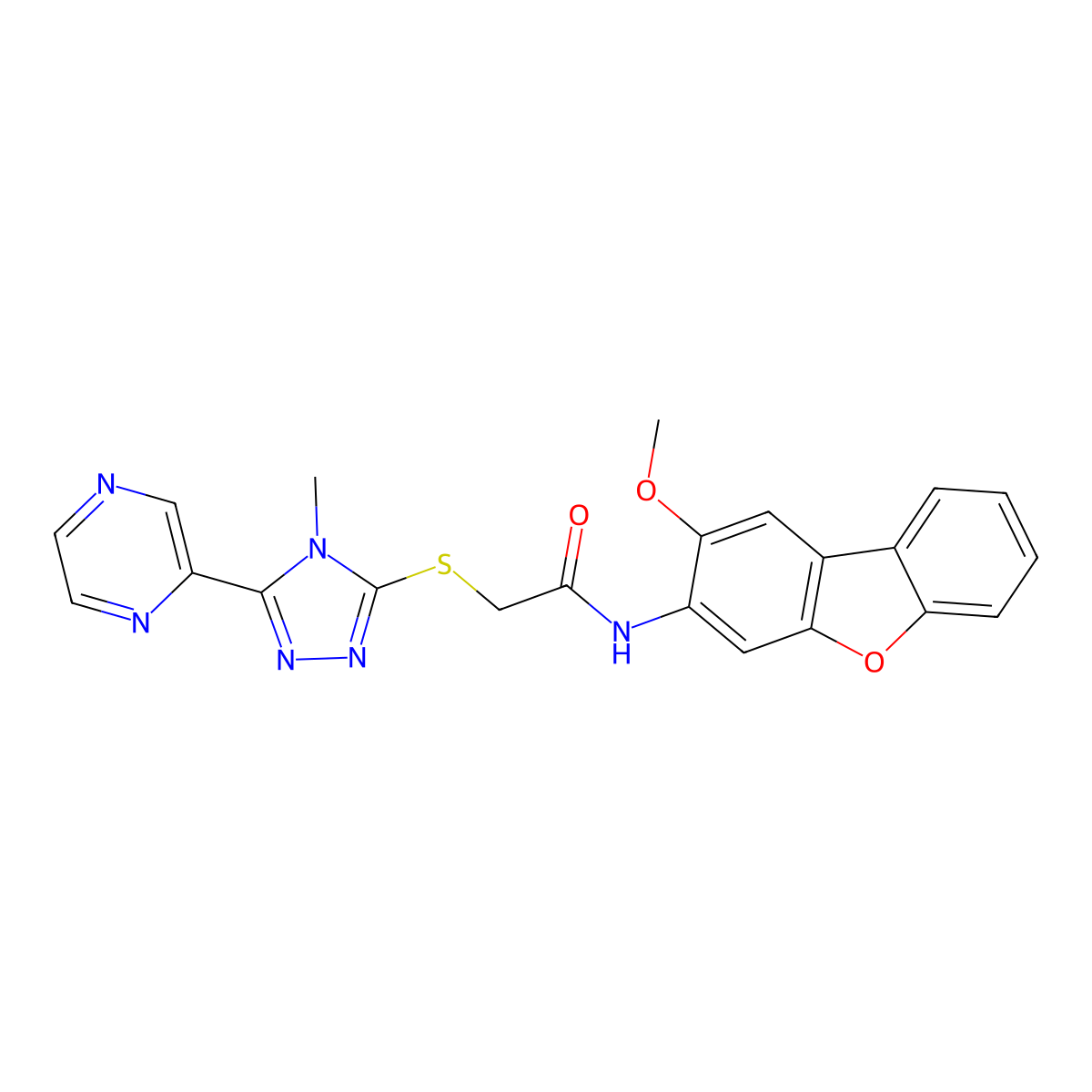 N-(2-methoxydibenzofuran-3-yl)-2-[(4-methyl-5-pyrazin-2-yl-1,2,4-triazol-3-yl)sulfanyl]acetamide molecular structure, CAS 575469-83-9