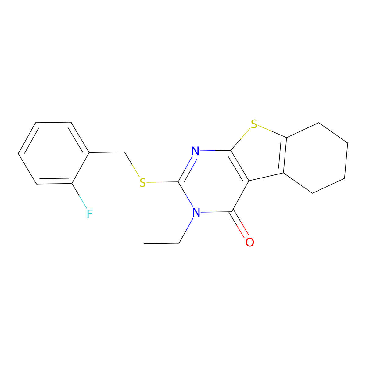 3-ethyl-2-[(2-fluorobenzyl)sulfanyl]-5,6,7,8-tetrahydro[1]benzothieno[2,3-d]pyrimidin-4(3H)-one molecular structure, CAS 575469-87-3