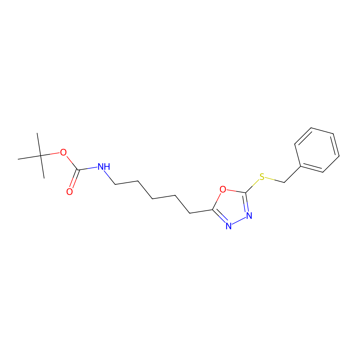 tert-butyl N-[5-(5-benzylsulfanyl-1,3,4-oxadiazol-2-yl)pentyl]carbamate molecular structure, CAS 575470-30-3