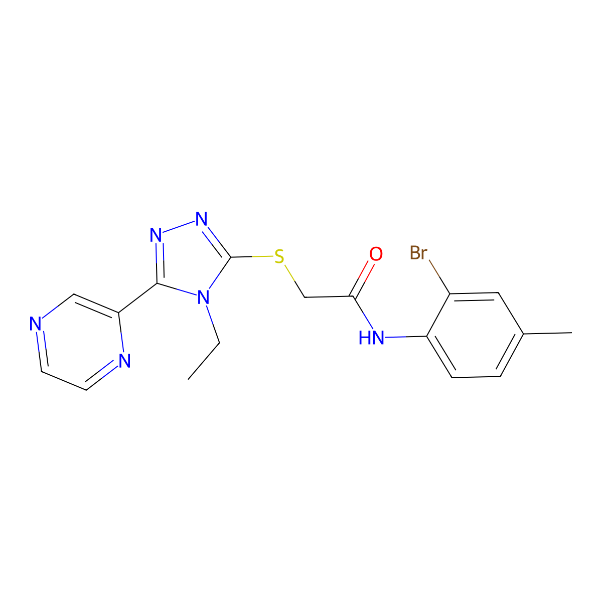 N-(2-Bromo-4-methylphenyl)-2-{[4-ethyl-5-(2-pyrazinyl)-4H-1,2,4-triazol-3-YL]sulfanyl}acetamide molecular structure, CAS 575470-38-1
