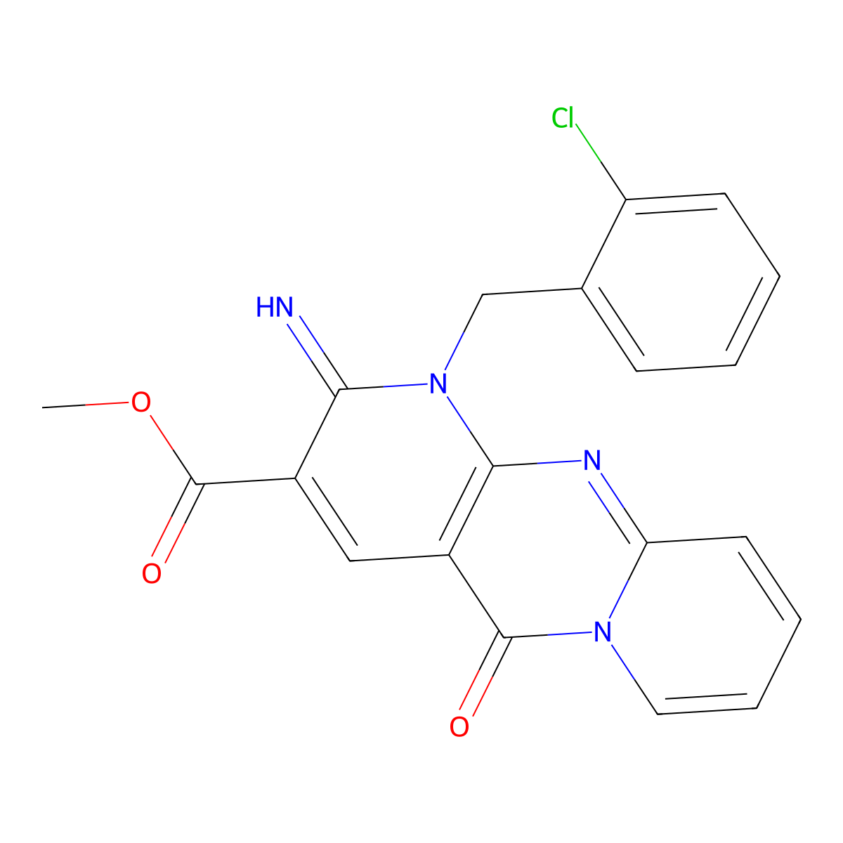 Methyl 7-[(2-chlorophenyl)methyl]-6-imino-2-oxo-1,7,9-triazatricyclo[8.4.0.0^{3,8}]tetradeca-3(8),4,9,11,13-pentaene-5-carboxylate molecular structure, CAS 575470-45-0