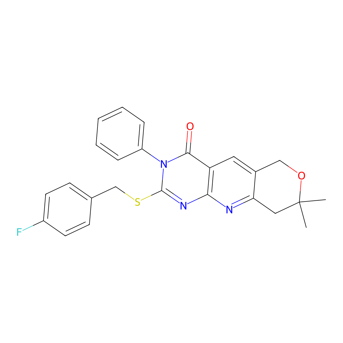 2-[(4-Fluorophenyl)methylsulfanyl]-8,8-dimethyl-3-phenyl-6,9-dihydropyrano[3,4]pyrido[3,5-b]pyrimidin-4-one molecular structure, CAS 575470-52-9