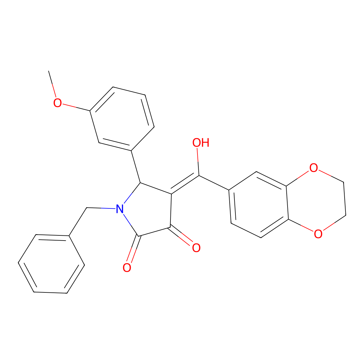 1-benzyl-4-(2,3-dihydro-1,4-benzodioxine-6-carbonyl)-3-hydroxy-5-(3-methoxyphenyl)-2,5-dihydro-1H-pyrrol-2-one molecular structure, CAS 575470-65-4