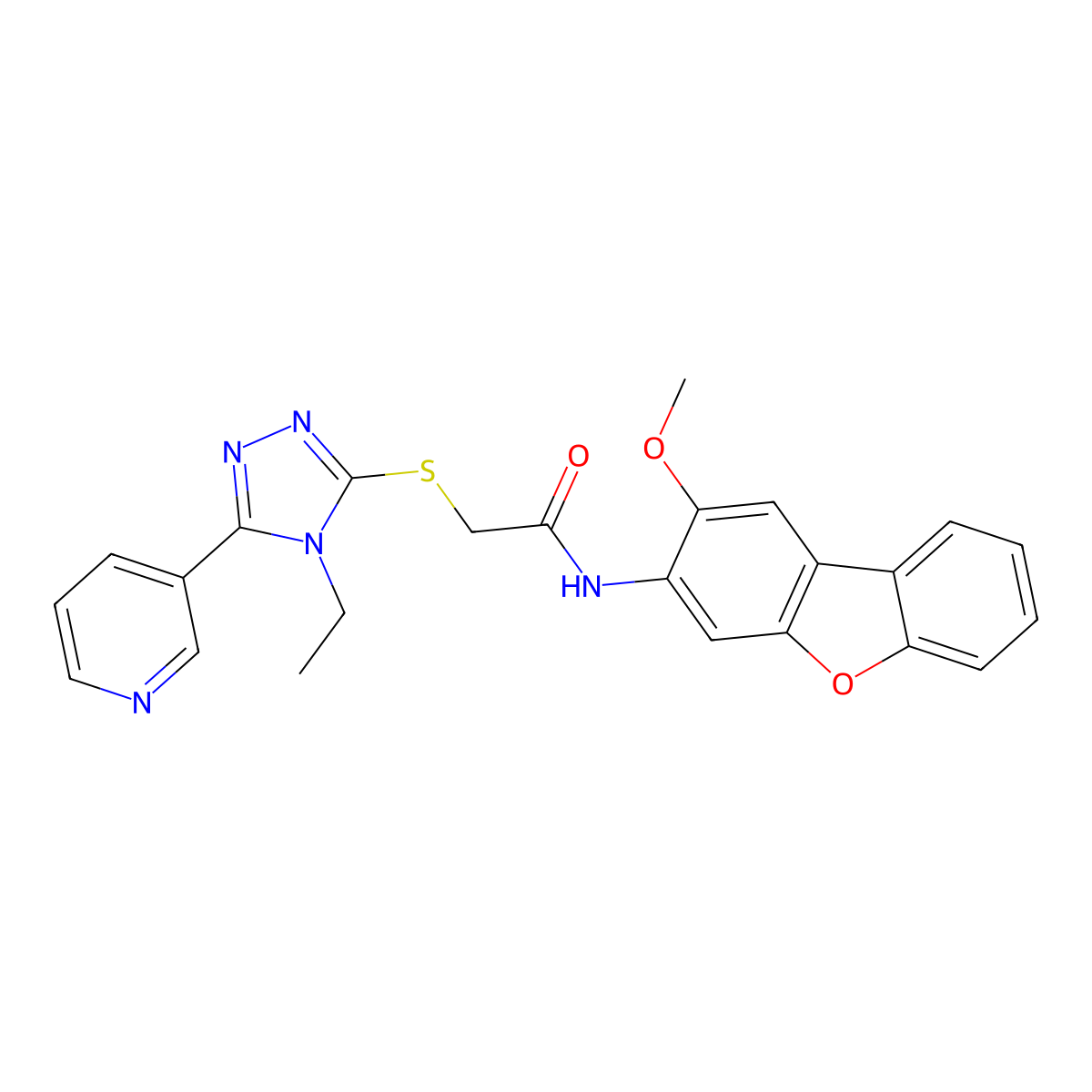 Acetamide, 2-[[4-ethyl-5-(3-pyridinyl)-4H-1,2,4-triazol-3-yl]thio]-N-(2-methoxy-3-dibenzofuranyl)-(9CI) molecular structure, CAS 575470-85-8