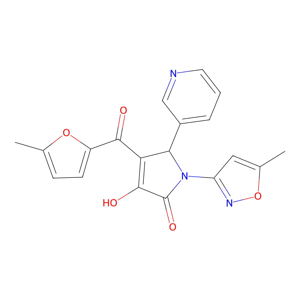 3-hydroxy-4-[(5-methylfuran-2-yl)carbonyl]-1-(5-methyl-1,2-oxazol-3-yl)-5-(pyridin-3-yl)-1,5-dihydro-2H-pyrrol-2-one molecular structure, CAS 575470-93-8