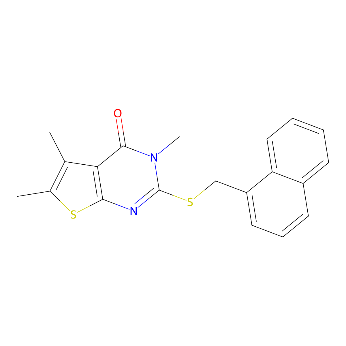 3,5,6-trimethyl-2-[(naphthalen-1-ylmethyl)sulfanyl]thieno[2,3-d]pyrimidin-4(3H)-one molecular structure, CAS 575471-06-6