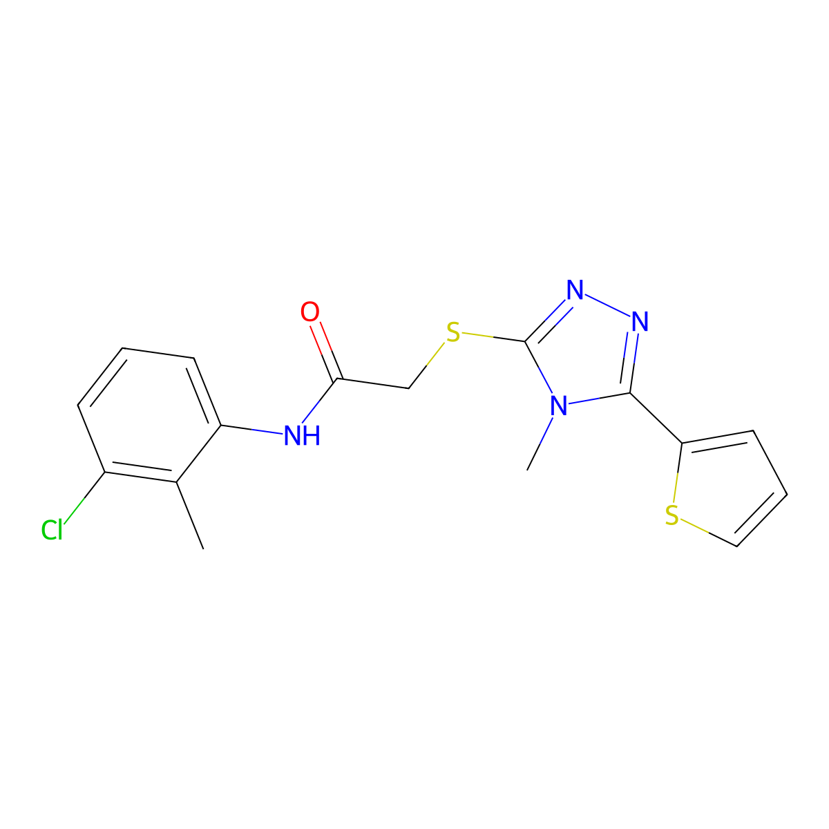 N-(3-chloro-2-methylphenyl)-2-{[4-methyl-5-(thiophen-2-yl)-4H-1,2,4-triazol-3-yl]sulfanyl}acetamide molecular structure, CAS 575471-18-0