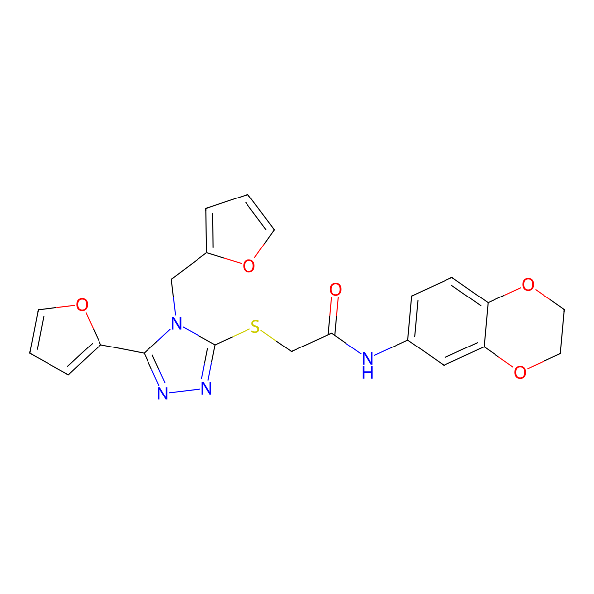 N-(2,3-dihydro-1,4-benzodioxin-6-yl)-2-{[5-(furan-2-yl)-4-(furan-2-ylmethyl)-4H-1,2,4-triazol-3-yl]sulfanyl}acetamide molecular structure, CAS 575471-33-9
