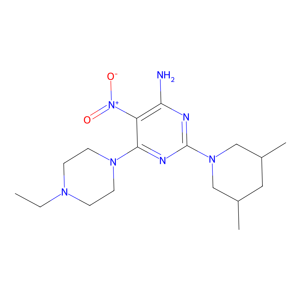 2-(3,5-Dimethylpiperidin-1-yl)-6-(4-ethylpiperazin-1-yl)-5-nitropyrimidin-4-amine molecular structure, CAS 575471-50-0