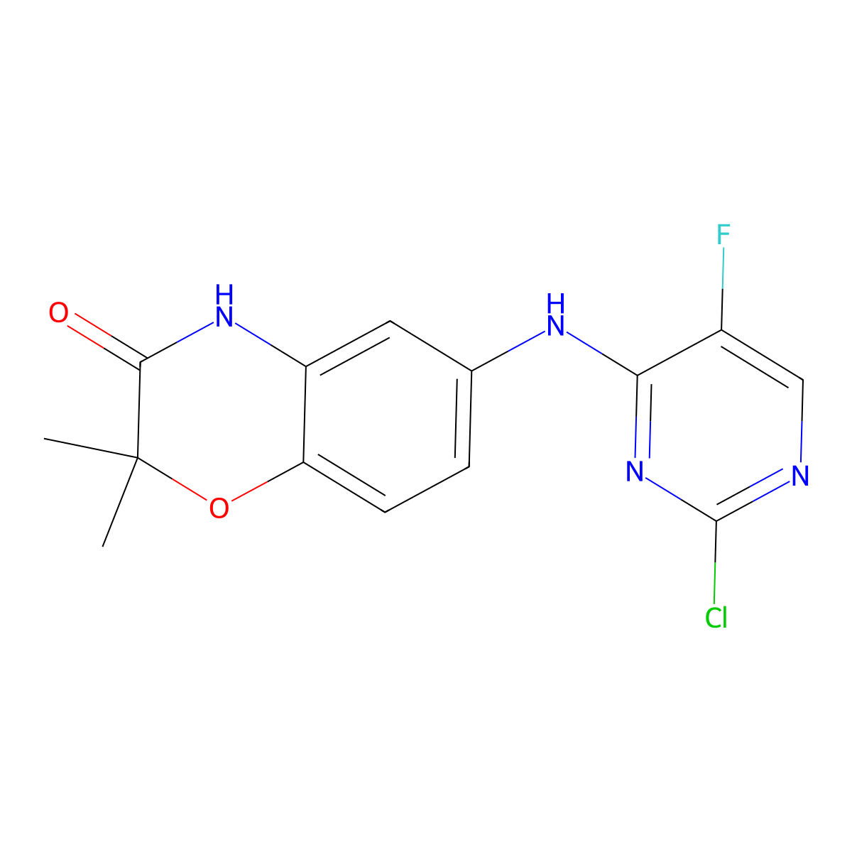 6-((2-chloro-5-fluoropyrimidin-4-yl)amino)-2,2-dimethyl-2H-benzo[b][1,4]oxazin-3(4H)-one molecular structure, CAS 575473-90-4