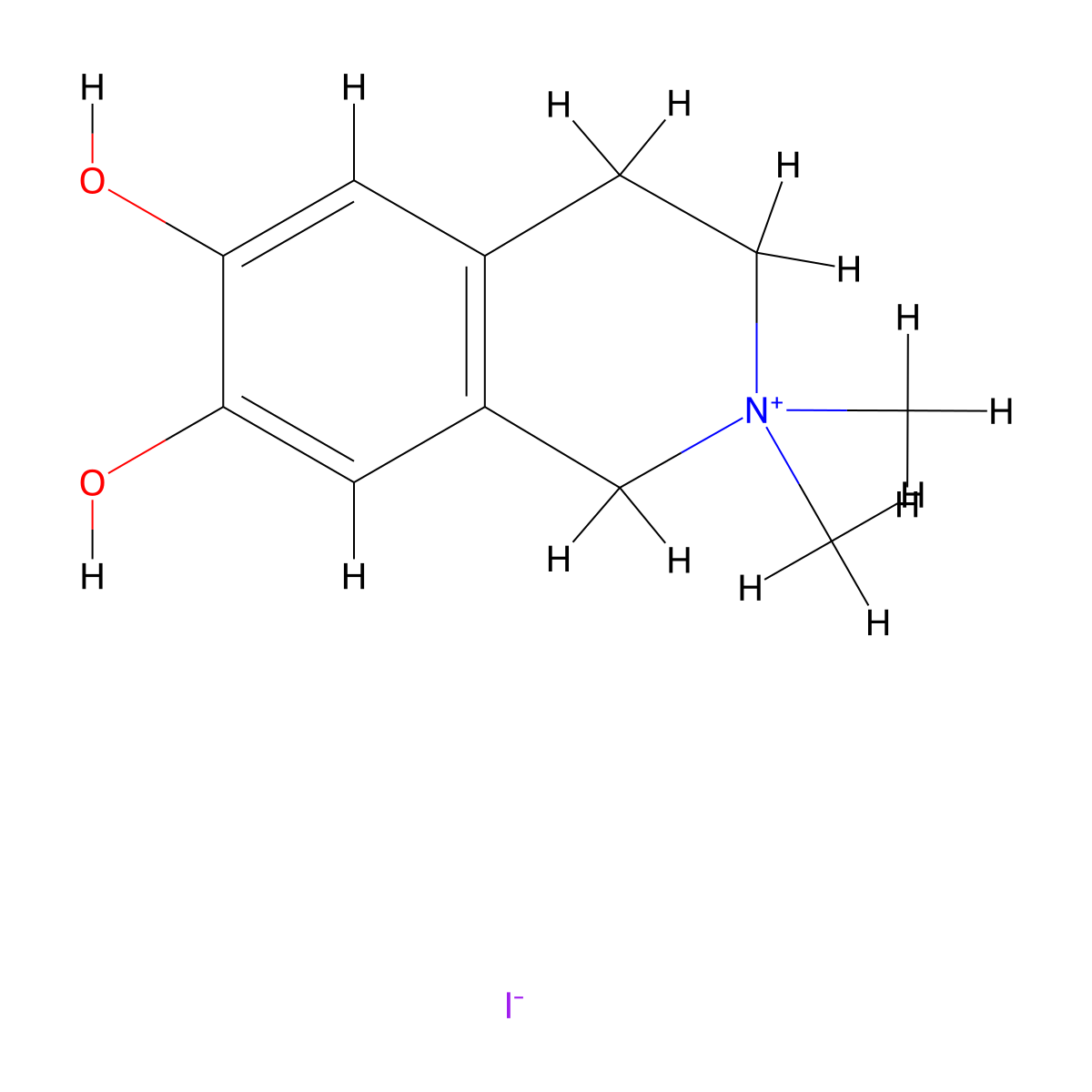 Isoquinolinium, 1,2,3,4-tetrahydro-6,7-dihydroxy-2,2-dimethyl-, iodide molecular structure, CAS 57553-29-4