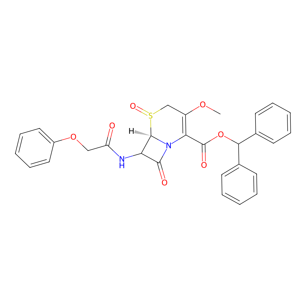 Diphenylmethyl (5R-(5alpha,6alpha,7beta))-3-methoxy-8-oxo-7-(phenoxyacetamido)-5-thia-1-azabicyclo(4.2.0)oct-2-ene-2-carboxylate 5-oxide molecular structure, CAS 57562-02-4
