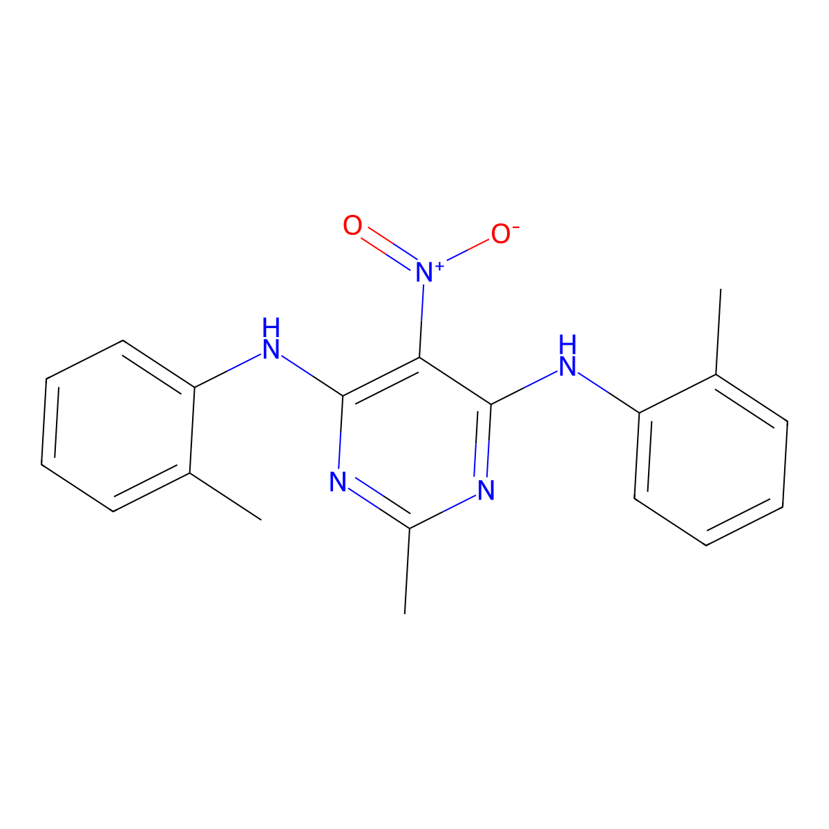 2-methyl-4-N,6-N-bis(2-methylphenyl)-5-nitropyrimidine-4,6-diamine molecular structure, CAS 5757-29-9