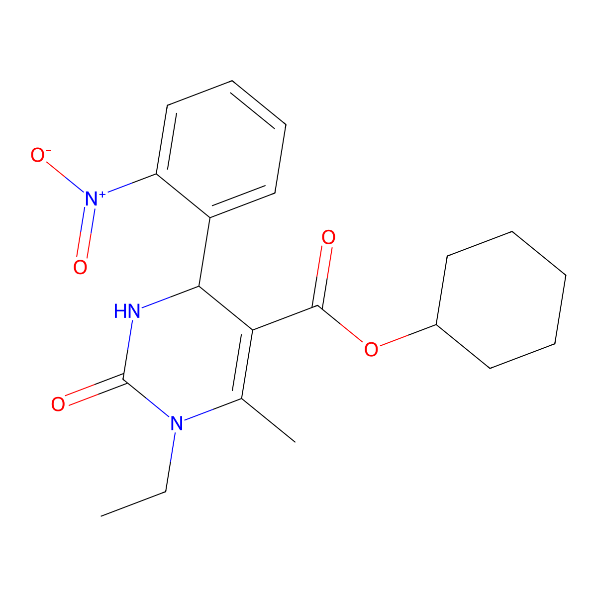 Cyclohexyl 1-ethyl-6-methyl-4-(2-nitrophenyl)-2-oxo-1,2,3,4-tetrahydropyrimidine-5-carboxylate molecular structure, CAS 5757-62-0
