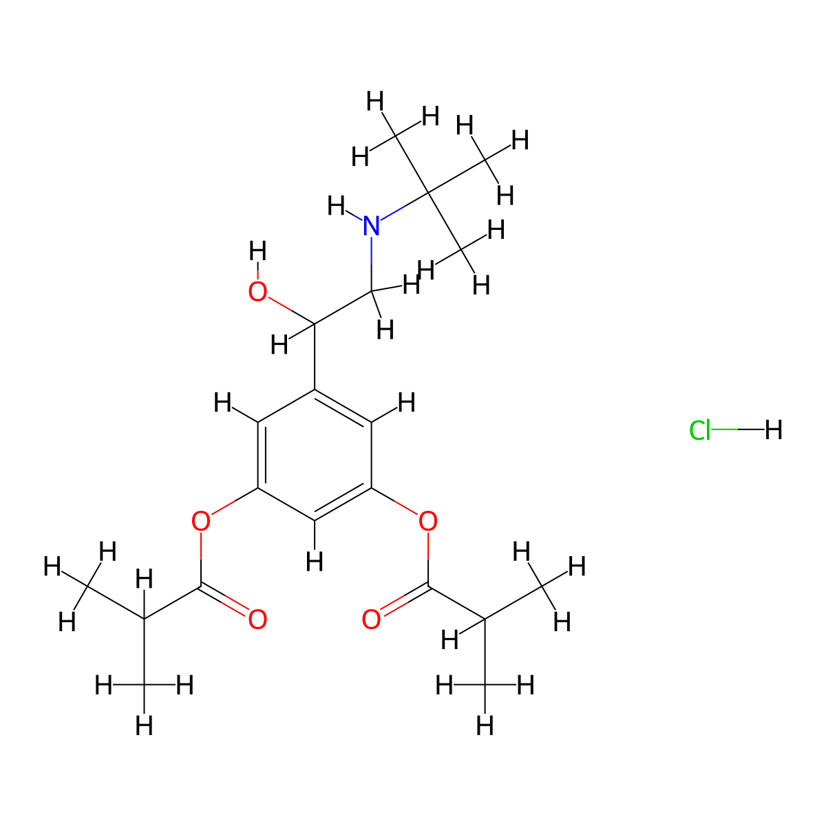 Propanoic acid, 2-methyl-, 5-[2-[(1,1-dimethylethyl)amino]-1-hydroxyethyl]-1,3-phenylene ester, hydrochloride molecular structure, CAS 57576-17-7