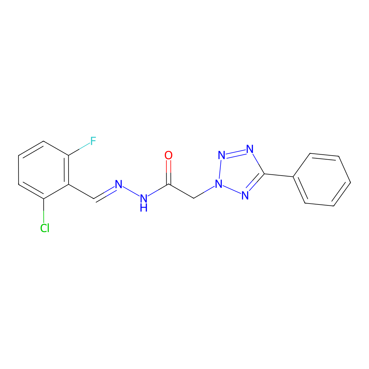 N-[(2-Chloro-6-fluoro-phenyl)methylideneamino]-2-(5-phenyltetrazol-2-YL)acetamide molecular structure, CAS 5760-64-5