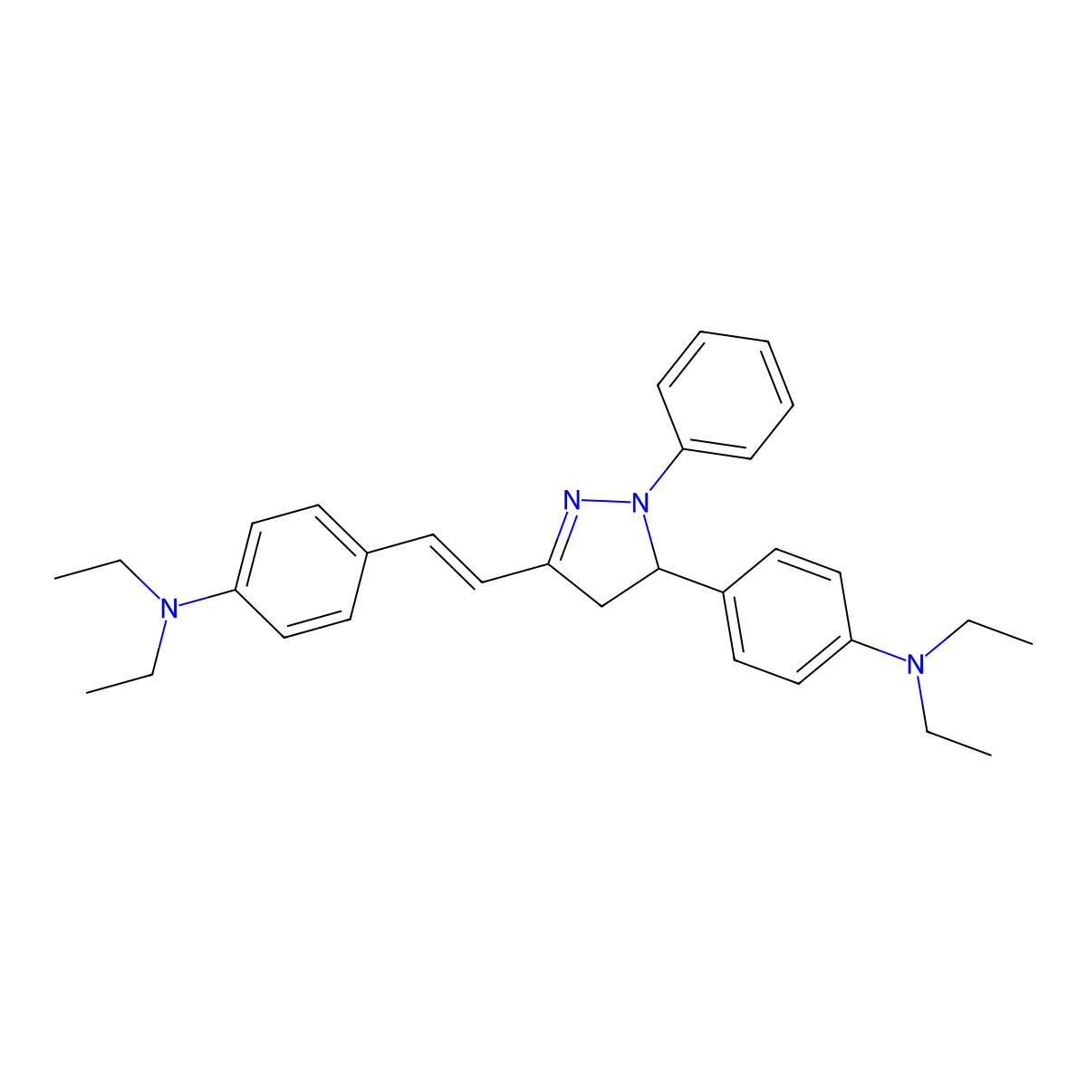 Benzenamine, 4-(2-(5-(4-(diethylamino)phenyl)-4,5-dihydro-1-phenyl-1H-pyrazol-3-yl)ethenyl)-N,N-diethyl- molecular structure, CAS 57609-72-0