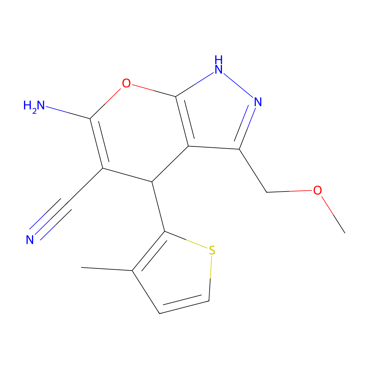 6-Amino-3-(methoxymethyl)-4-(3-methylthiophen-2-yl)-2,4-dihydropyrano[2,3-c]pyrazole-5-carbonitrile molecular structure, CAS 5762-55-0