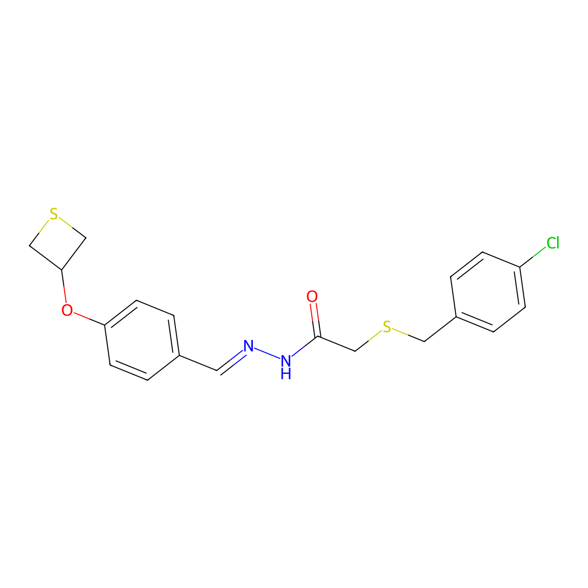 2-[(4-chlorophenyl)methylsulfanyl]-N-[[4-(thietan-3-yloxy)phenyl]methylideneamino]acetamide molecular structure, CAS 5763-84-8
