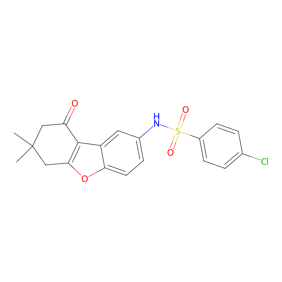 4-chloro-N-(7,7-dimethyl-9-oxo-6,8-dihydrodibenzofuran-2-yl)benzenesulfonamide molecular structure, CAS 5764-61-4
