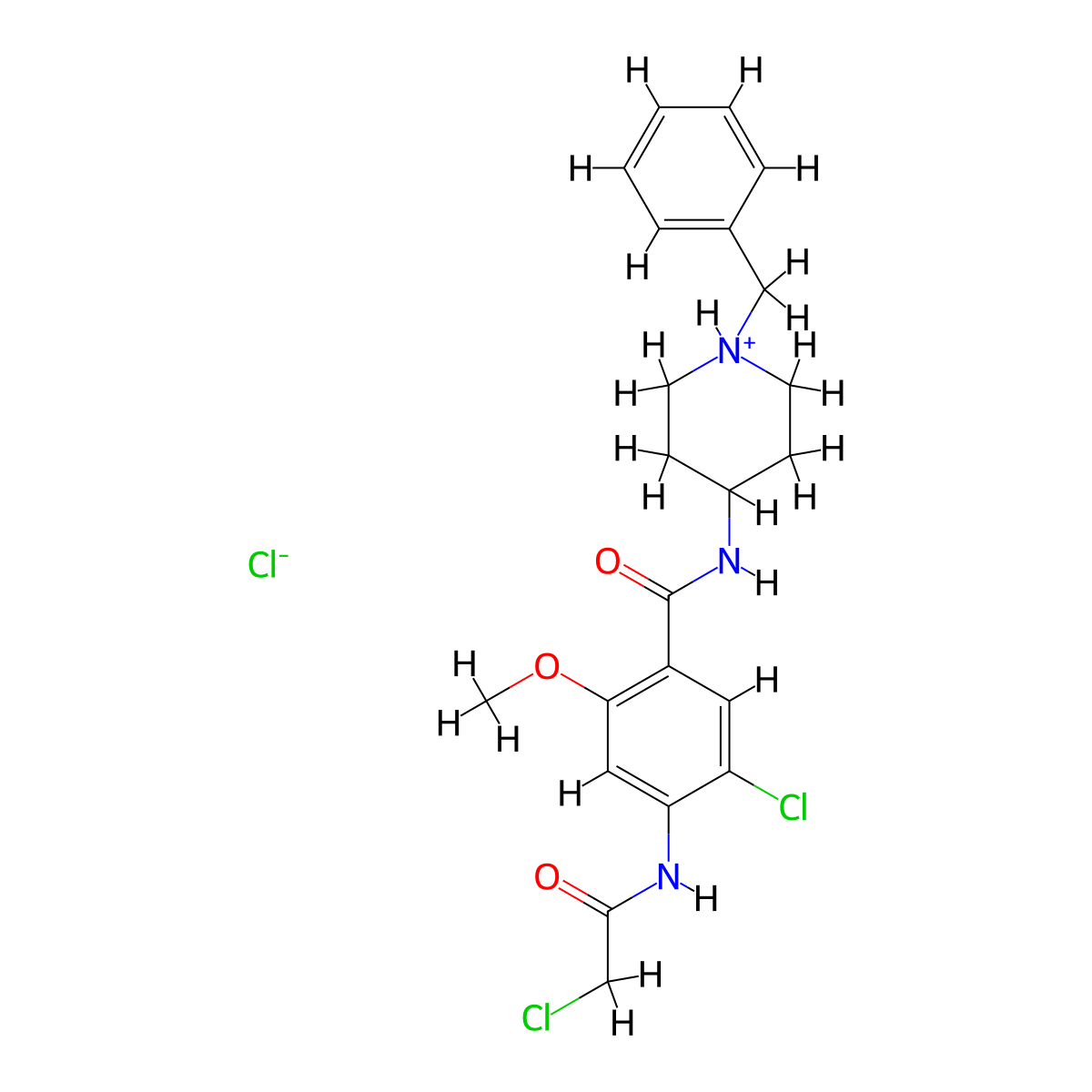 Benzamide, 5-chloro-4-((chloroacetyl)amino)-2-methoxy-N-(1-(phenylmethyl)-4-piperidinyl)-, monohydrochloride, hydrate molecular structure, CAS 57645-31-5