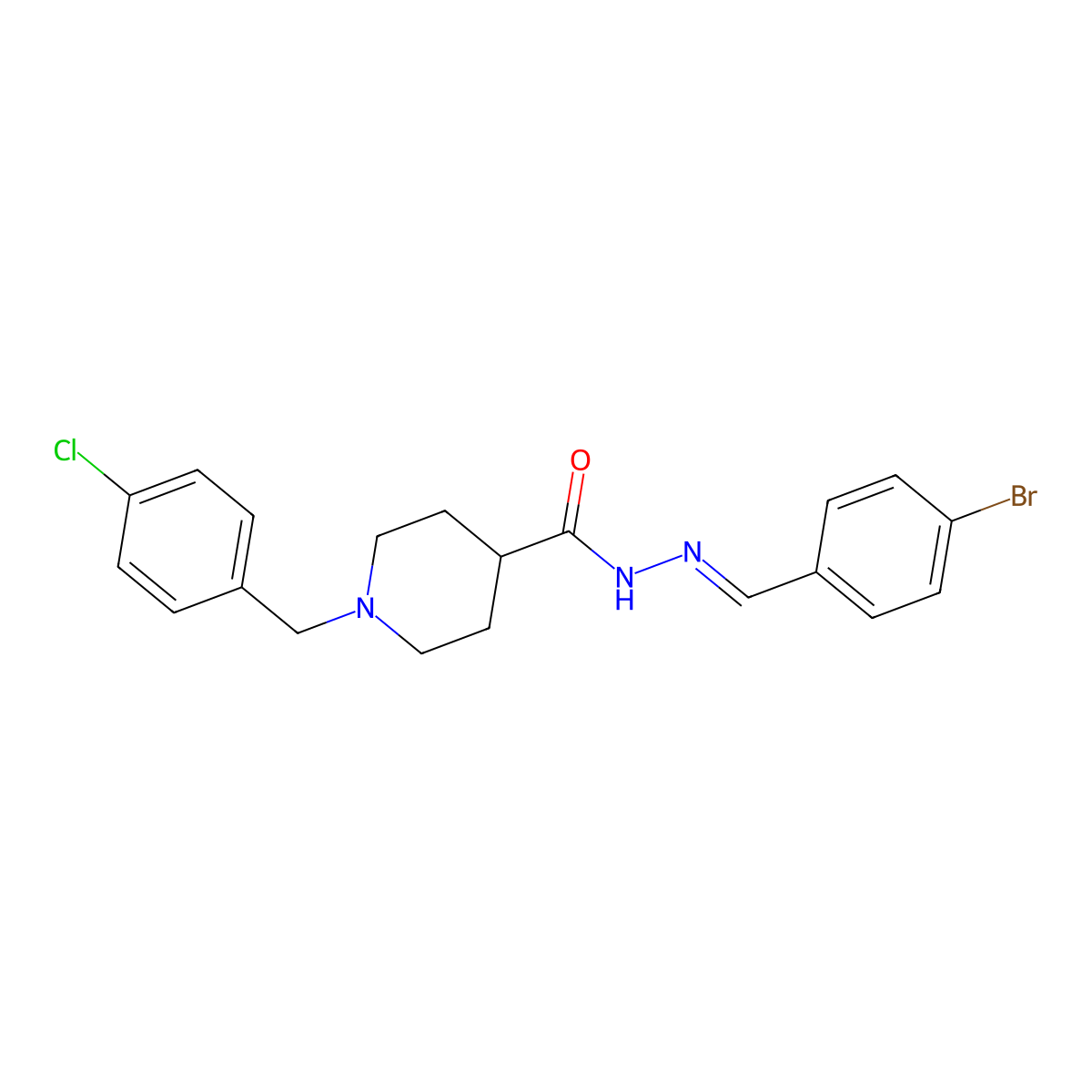 N-[(4-bromophenyl)methylideneamino]-1-[(4-chlorophenyl)methyl]piperidine-4-carboxamide molecular structure, CAS 5765-01-5