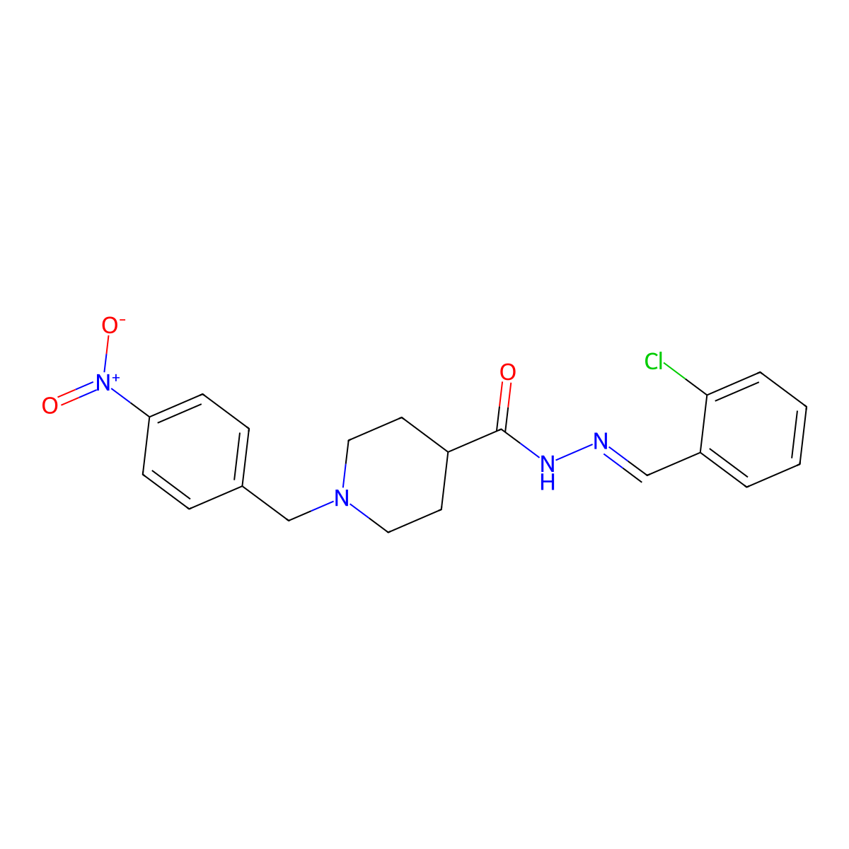 N-[(2-chlorophenyl)methylideneamino]-1-[(4-nitrophenyl)methyl]piperidine-4-carboxamide molecular structure, CAS 5765-02-6