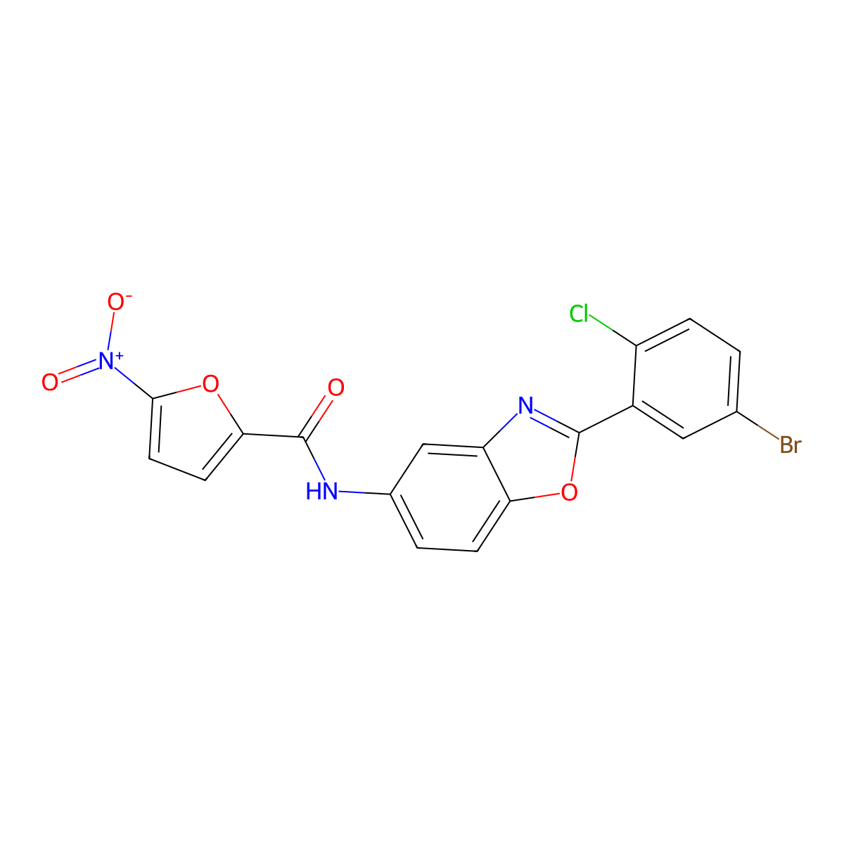 N-[2-(5-bromo-2-chlorophenyl)-1,3-benzoxazol-5-yl]-5-nitrofuran-2-carboxamide molecular structure, CAS 5765-66-2