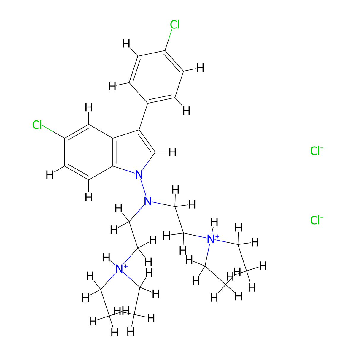 Indole, 1-(bis(2-(diethylamino)ethyl)amino)-5-chloro-3-(p-chlorophenyl)-, dihydrochloride, hemihydrate molecular structure, CAS 57665-49-3
