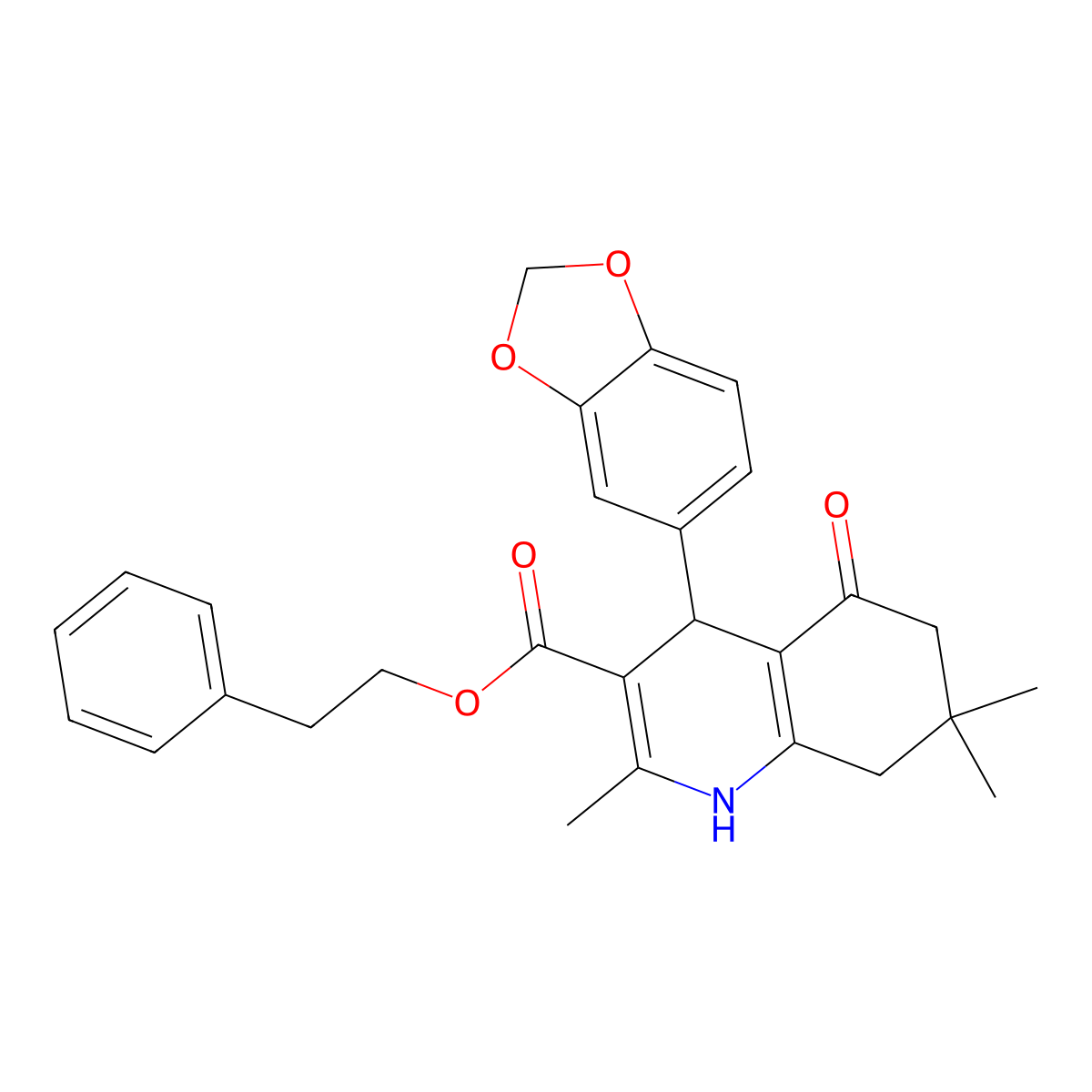 2-Phenylethyl 4-(1,3-benzodioxol-5-yl)-2,7,7-trimethyl-5-oxo-1,4,5,6,7,8-hexahydroquinoline-3-carboxylate molecular structure, CAS 5767-61-3