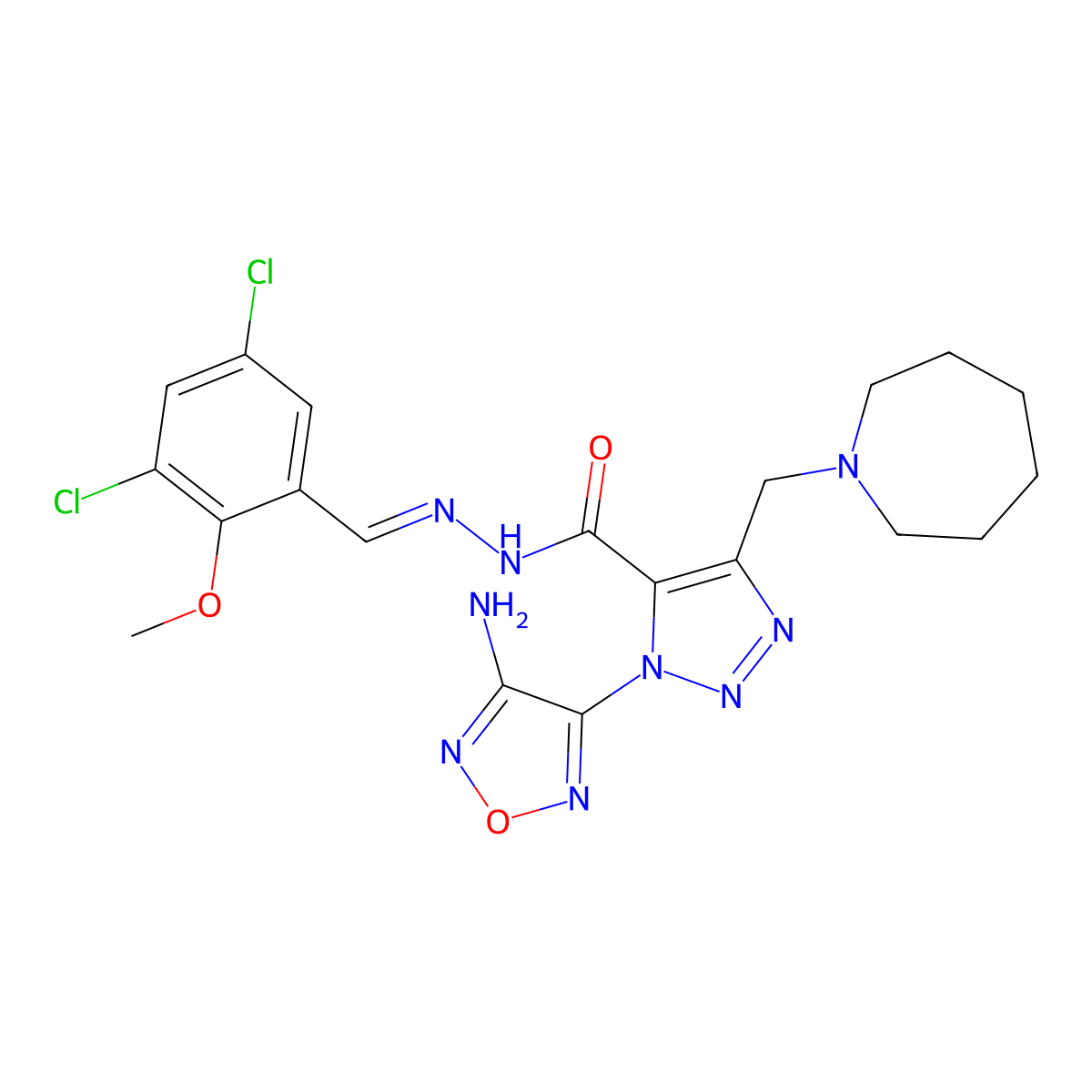 3-(4-amino-1,2,5-oxadiazol-3-yl)-5-(azepan-1-ylmethyl)-N-[(3,5-dichloro-2-methoxyphenyl)methylideneamino]triazole-4-carboxamide molecular structure, CAS 5769-68-6