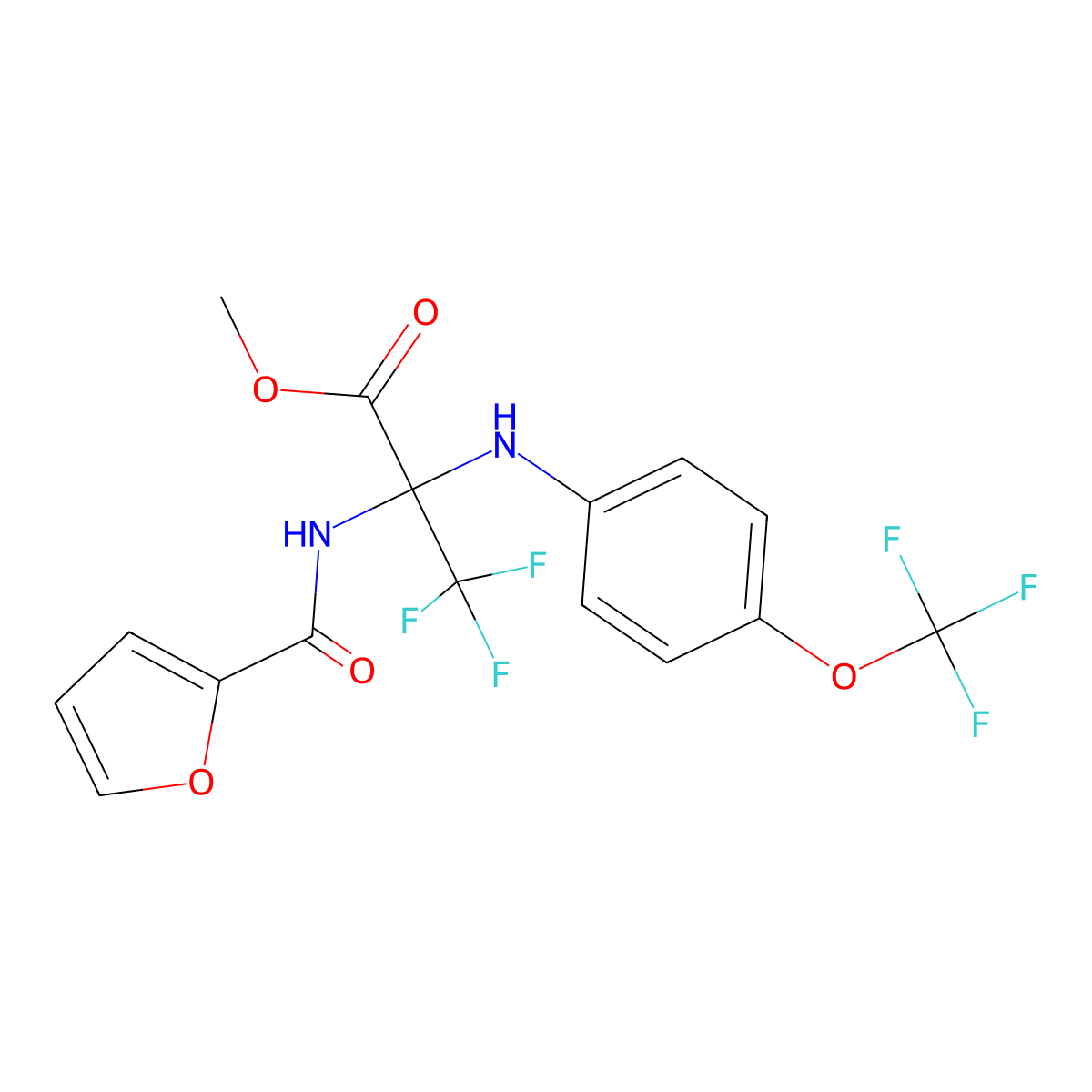 Methyl 3,3,3-trifluoro-2-(furan-2-carbonylamino)-2-[[4-(trifluoromethoxy)phenyl]amino]propanoate molecular structure, CAS 5771-50-6