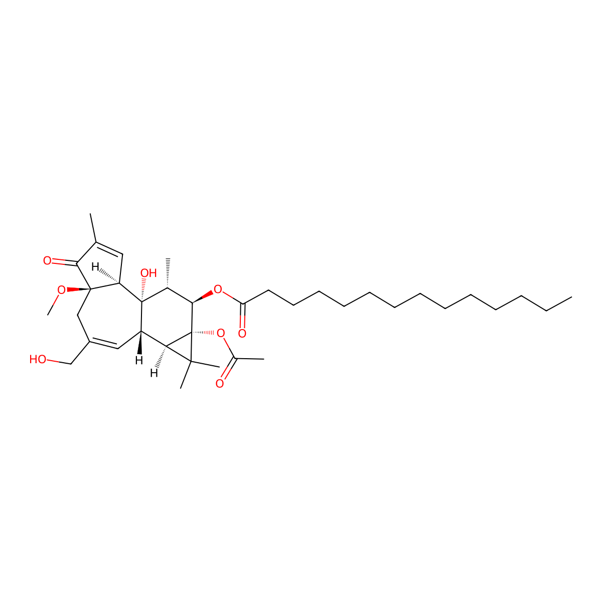 Tetradecanoic acid, (1aR,1bS,4aR,7aS,7bS,8R,9R,9aS)-9a-(acetyloxy)-1a,1b,4,4a,5,7a,7b,8,9,9a-decahydro-7b-hydroxy-3-(hydroxymethyl)-4a-methoxy-1,1,6,8-tetramethyl-5-oxo-1H-cyclopropa(3,4)benz(1,2-e)azulen-9-yl ester molecular structure, CAS 57716-89-9