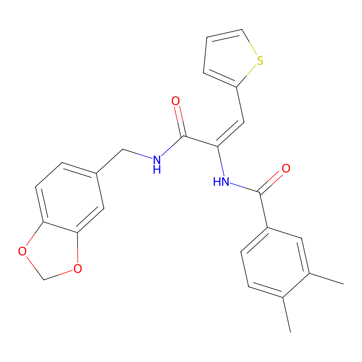 N-[3-{[(2H-1,3-Benzodioxol-5-yl)methyl]amino}-3-oxo-1-(thiophen-2-yl)prop-1-en-2-yl]-3,4-dimethylbenzamide molecular structure, CAS 5774-38-9
