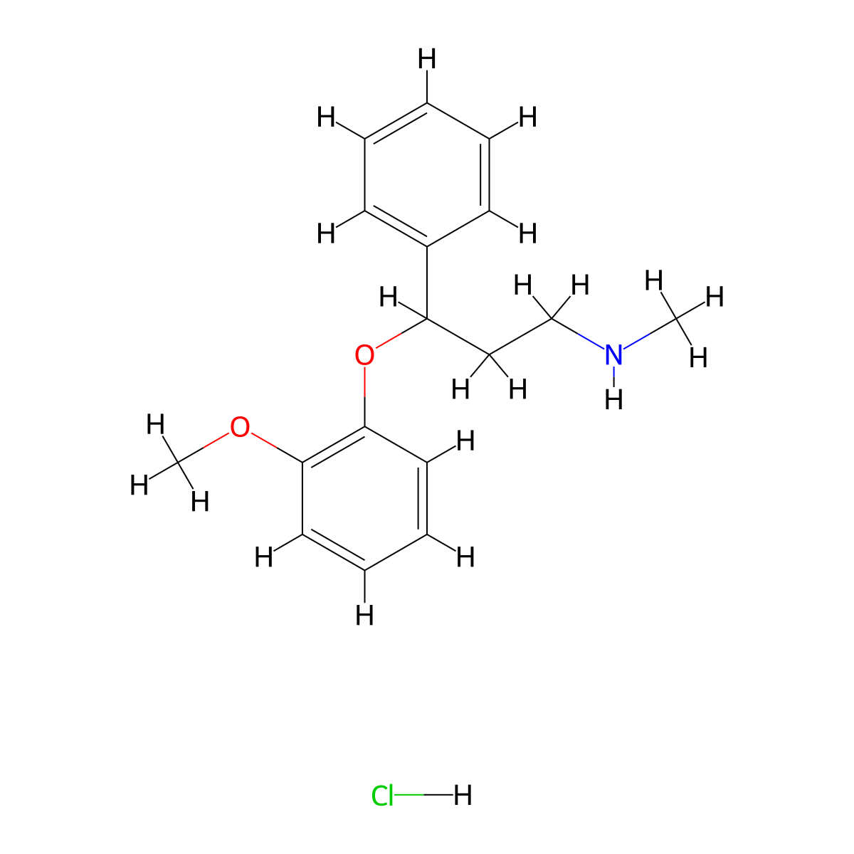 Benzenepropanamine, gamma-(2-methoxyphenoxy)-N-methyl-, hydrochloride (1:1) molecular structure, CAS 57754-86-6