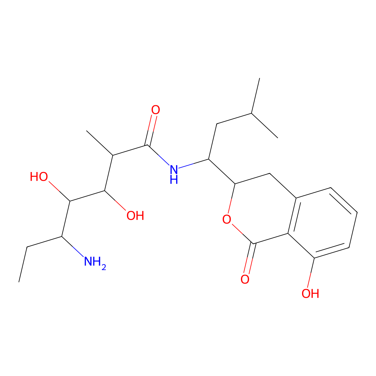 5-Amino-2,5,6,7-tetradeoxy-N-(1-(3,4-dihydro-8-hydroxy-1-oxo-1H-2-benzopyran-3-yl)-3-methylbutyl)-2-methylheptonamide molecular structure, CAS 57765-71-6