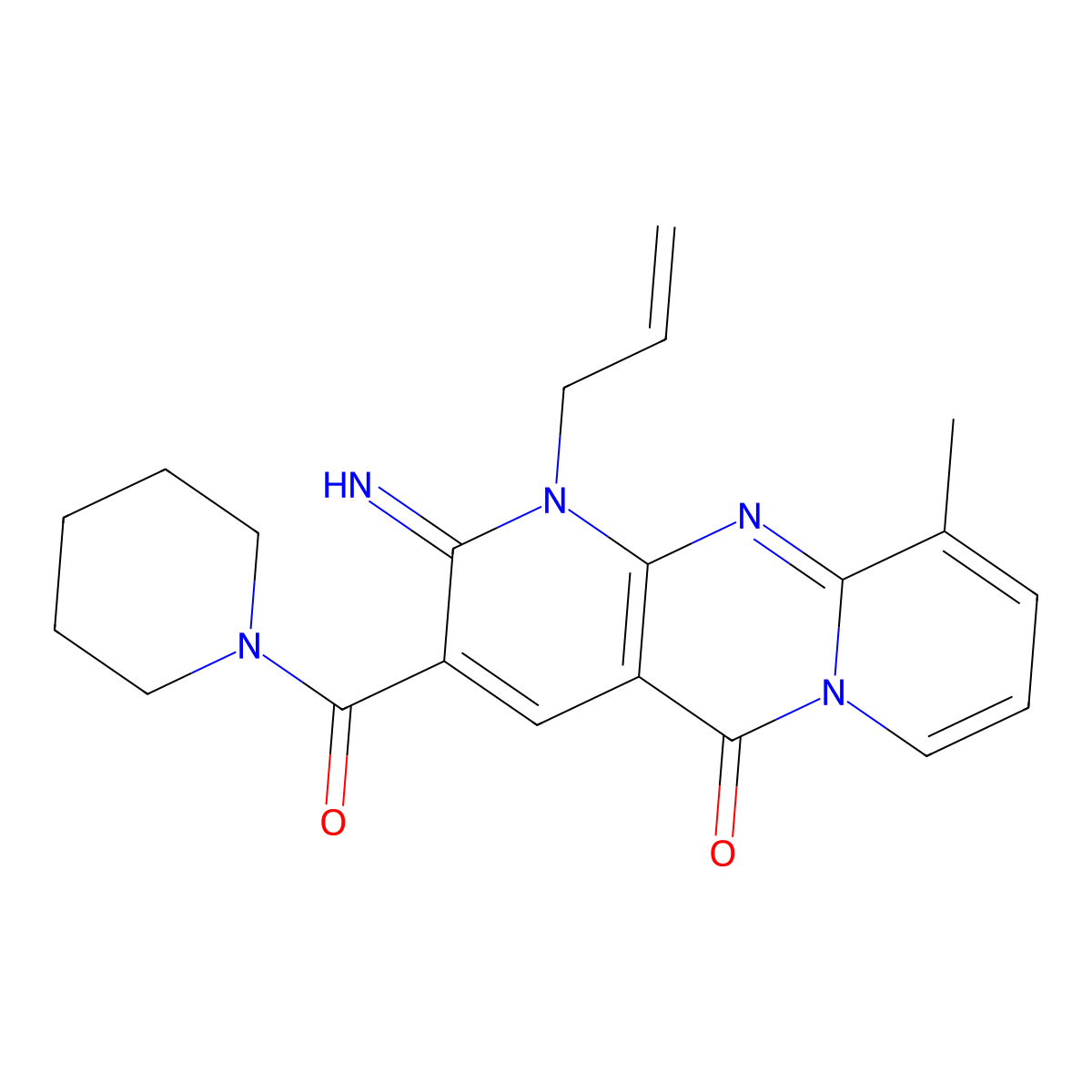 1-Allyl-2-imino-10-methyl-3-(1-piperidinylcarbonyl)-1,2-dihydro-5H-dipyrido(1,2-A:2,3-D)pyrimidin-5-one molecular structure, CAS 577694-53-2