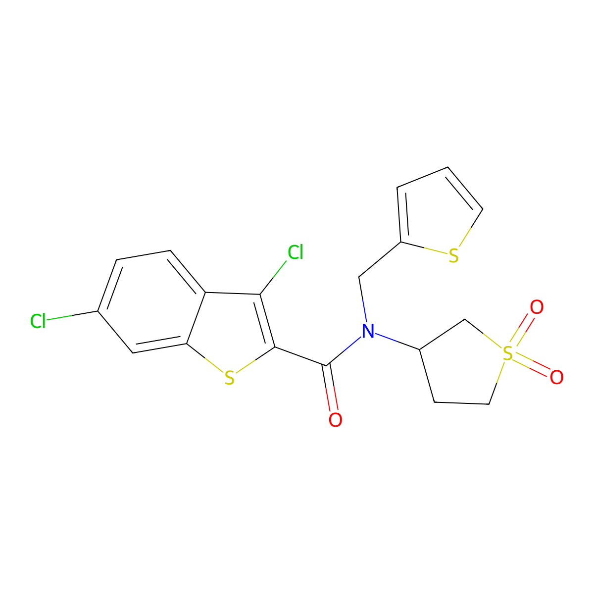3,6-dichloro-N-(1,1-dioxidotetrahydrothiophen-3-yl)-N-(thiophen-2-ylmethyl)-1-benzothiophene-2-carboxamide molecular structure, CAS 577696-31-2