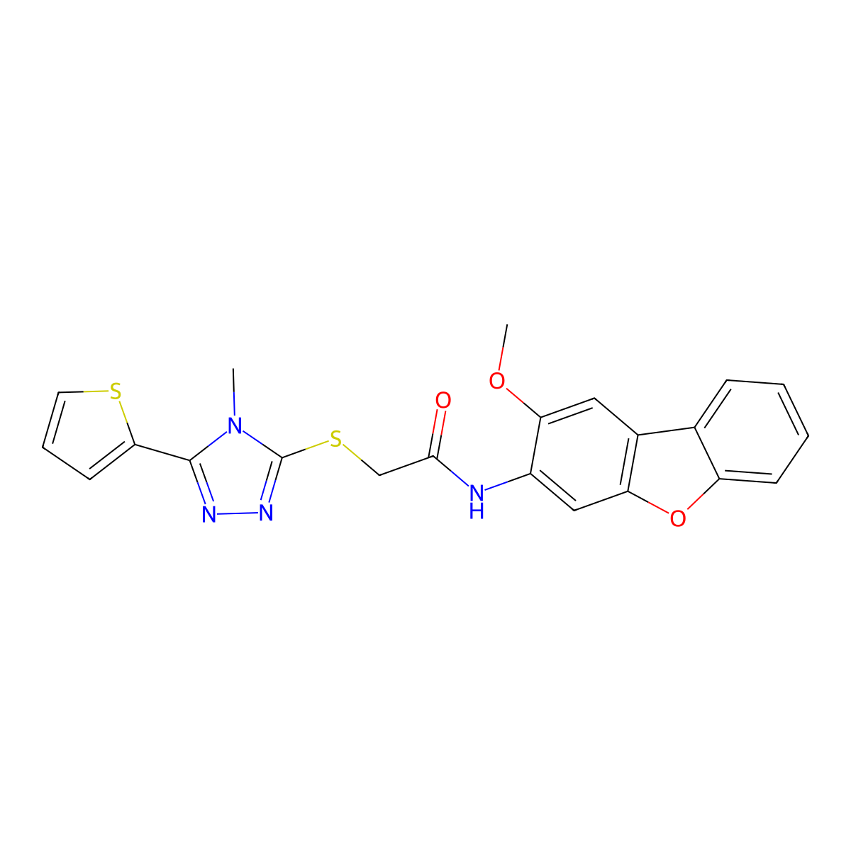 N-(2-methoxydibenzofuran-3-yl)-2-[(4-methyl-5-thiophen-2-yl-1,2,4-triazol-3-yl)sulfanyl]acetamide molecular structure, CAS 577696-40-3