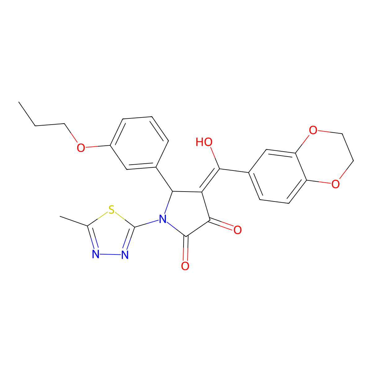 4-(2,3-dihydro-1,4-benzodioxine-6-carbonyl)-3-hydroxy-1-(5-methyl-1,3,4-thiadiazol-2-yl)-5-(3-propoxyphenyl)-2,5-dihydro-1H-pyrrol-2-one molecular structure, CAS 577696-60-7