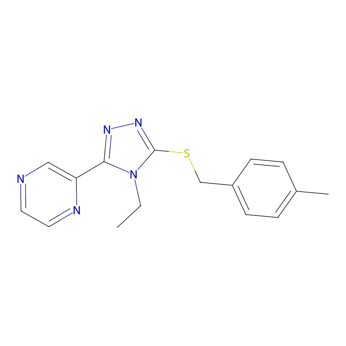 4-Ethyl-3-[(4-methylphenyl)methylthio]-5-pyrazin-2-yl-1,2,4-triazole molecular structure, CAS 577696-67-4