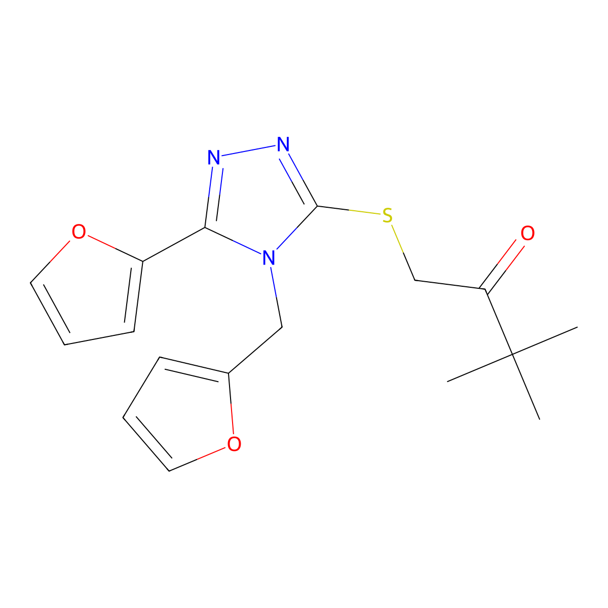 1-{[5-(furan-2-yl)-4-(furan-2-ylmethyl)-4H-1,2,4-triazol-3-yl]sulfanyl}-3,3-dimethylbutan-2-one molecular structure, CAS 577696-77-6